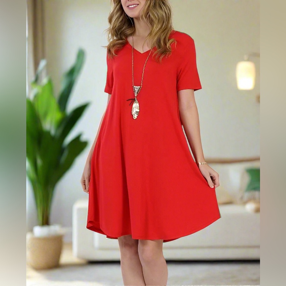Small NEW Womens Red Pocket Shift Christmas Dress, Short Sleeve V-Neck Dress